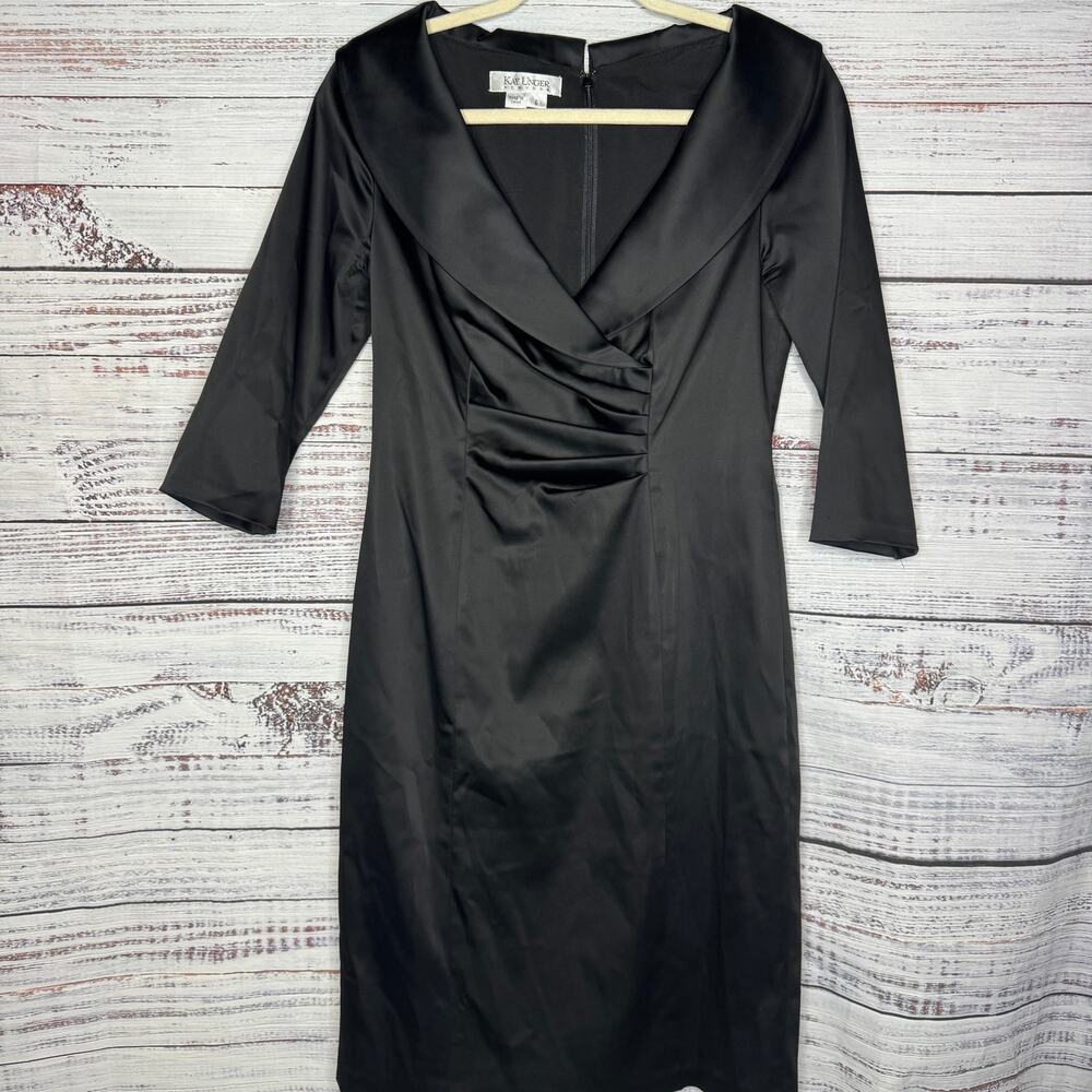 Kay Unger Portrait Black Satin V-Neck Shawl Collared Sheath Evening Dress Size 6